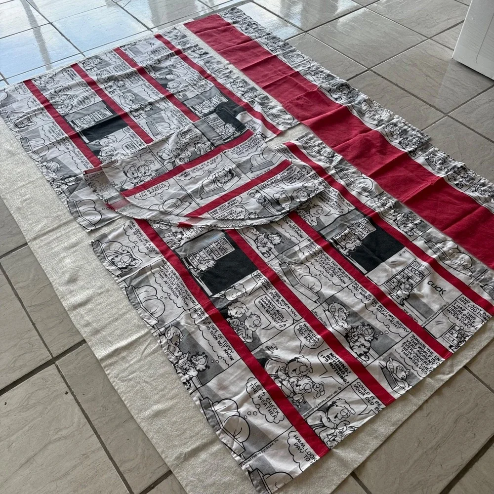 5pc Vintage Garfield Window Curtain Set Tablecloth Valance Panels Red Comic